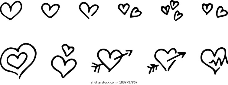 Hearts Doodle Pencil Handdrawn set