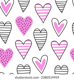 Hearts doodle seamless pattern. Modern hand-drawn endless background for Valentines day with stripes and dots. Textured romantic love vector illustration