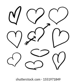 Hearts doodle set. Collection of hand drawn careless hearts. Black isolated on a white background. Vector illustrations.