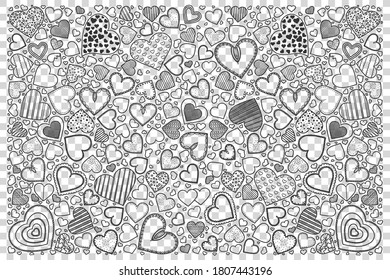 Hearts doodle set. Collection of hand drawn sketches templates of heart shape human body part together on transparent background. Tenderness and positive emotions with love symbol illustration.