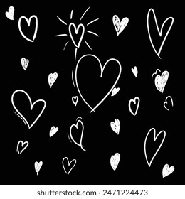 Hearts doodle set. White hand drawn hearts doodle isolated on a black background. symbol icon doodle vector