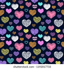Hearts doodles pattern. Valentines day background. Romantic texture. Hand drawn effect vector. Wedding and marriage doodles. Love theme sketches. Hearts scribbles.