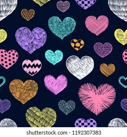 Hearts doodles pattern. Valentines day background. Romantic texture. Hand drawn effect vector. Wedding and marriage doodles. Love theme sketches. Hearts scribbles.