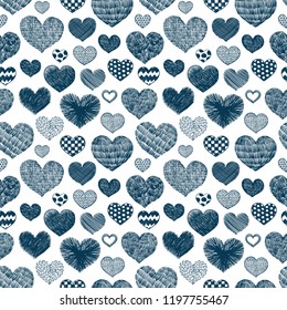 Hearts doodles pattern. Valentines day background. Romantic texture. Hand drawn effect vector. Wedding and marriage doodles. Love theme sketches. Hearts scribbles.