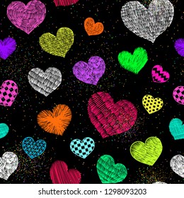 Hearts doodles pattern. Valentines day background. Romantic texture. Hand drawn effect vector. Wedding and marriage doodles. Love theme sketches. Hearts scribbles.