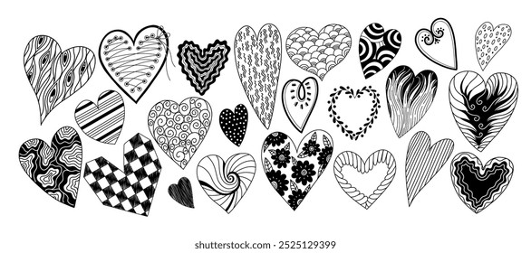 Hearts doodles set. Hand drawn different hearts collection for Valentines day. Symbol of love.