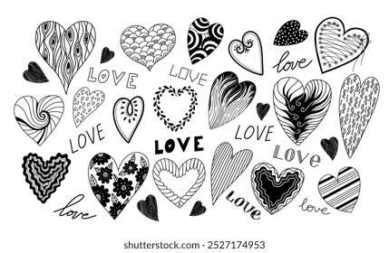 Corações doodles set. Mão desenhou diferentes corações e amor coleção de letras para o dia dos Namorados. Símbolo do amor.