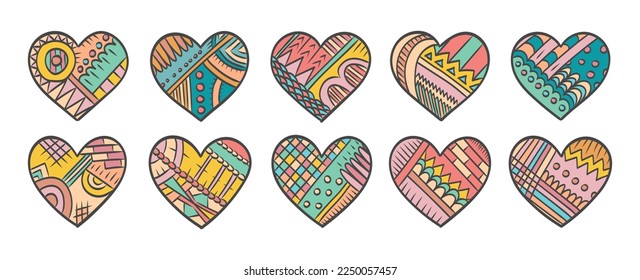 Hearts doodles set. Retro groovy. Zentangle heart. Valentines day hearts. 70s, 80s, 90s style love stickers. Love, romance, wedding. Valentines day.