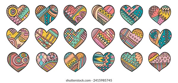 Hearts doodles set. Retro groovy. Zentangle heart. Valentines day hearts. 70s, 80s, 90s style love stickers. Love, romance, wedding. Valentines day.