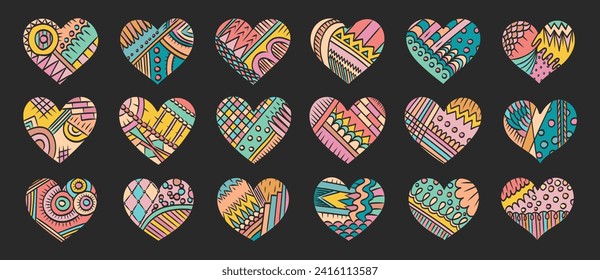 Hearts doodles set. Retro groovy. Zentangle heart. Valentines day hearts. 70s, 80s, 90s style love stickers. Love, romance, wedding. Valentines day.