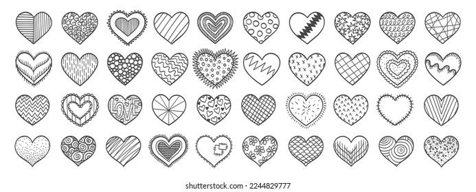 Hearts doodles set. Retro style heart shapes. Valentines day hearts. 70s, 80s, 90s style love stickers. Love, romance, wedding. Valentines day sketches.
