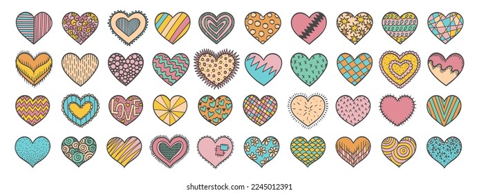 Hearts doodles set. Retro style heart shapes. Valentines day hearts. 70s, 80s, 90s style love stickers. Retro groovy hippie style Valentines Day heart.Love, romance, wedding. Valentines day sketches.