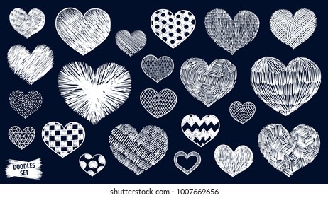 Hearts doodles set. Valentines day scrawl. Romantic stickers collection. Hand drawn effect vector. Wedding and marriage doodles. Love theme simple sketches. Hearts scribbles.