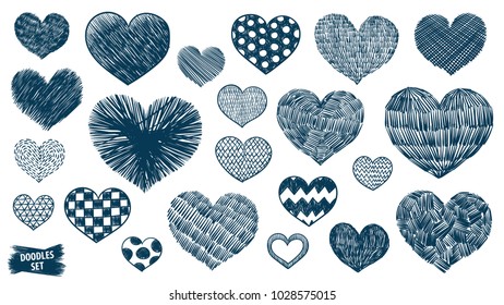 Hearts doodles set. Valentines day scrawl. Romantic stickers collection. Hand drawn effect vector. Wedding and marriage doodles. Love theme simple sketches. Hearts scribbles.