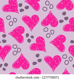 Hearts and dots, abstract hand drawn vector seamless pattern. Vibrant pink hearts. 