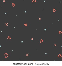 Hearts, dots and checkmarks seamless pattern. Great for Valentine's Day postcard, wedding invitation and more.