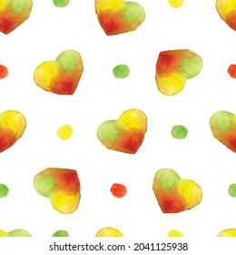 Hearts and dots drawn in watercolor on a transparent background
