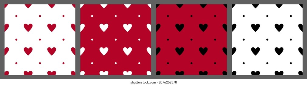 Kollektion von Herz- und Punktmustern in Schwarz, Rot, Weiß. Nahtlose Plaid-Ornament für Kleidung, Hemd, Tischdecken, Geschenkverpackung moderne Valentinstag Urlaubstempel. Polka-Punkte-Muster