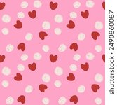 Hearts and dots seamless pattern on pink background. Love, wedding, romance, mother's day simple minimal background. Design for textile and paper.