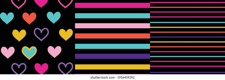Hearts and Dots Vector Patterns. Bright Colorful Stripes on a Black Background. Lines and Hearts.