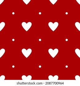 Hearts and dots vector red white seamless pattern. Romantic ornament for girl dress fabric print. Endless girlish pattern with hearts and polka dots. Minimal Valentine's Day background design.