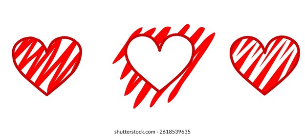 Hearts draw, hand brush  hatching , red, white shape inside out side pencil lines. valentines,  mothers day. Vector illustration