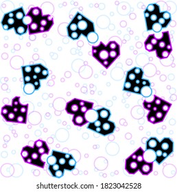 hearts drawn along a line with bubbles inside and outside. multi-colored hearts make different shapes.