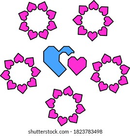 hearts drawn along a line with bubbles inside and outside. multi-colored hearts make different shapes.