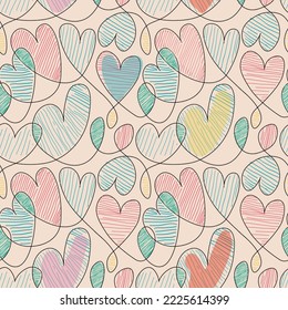 
Mit einer durchgehenden Linie gezeichnete Herzen. Kunststoffe für Gewebe, Druck oder Umhüllungspapier. Valentinstag oder Geburtstagshintergrund. Nahtloses Vektormuster