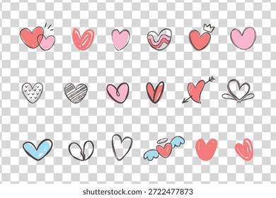 Los corazones se dibujan en diferentes estilos, mostrando creatividad y amor. Los diseños del corazón varían en tamaño y forma. Lindo Vector de San Valentín dibujado a mano.