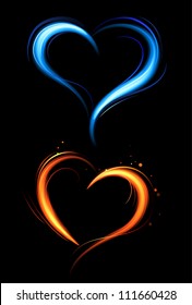the hearts drawn with red and blue fire against a dark background.
