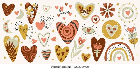 Hearts and elements in boho style flat icons set. Different vintage figures with bohemian ornament. Rainbow, moon, stars with retro style decor. Color isolated illustrations