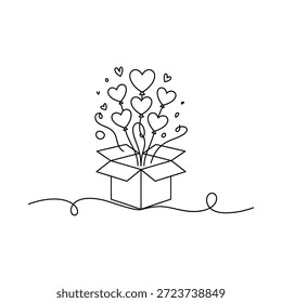 Herzen, die aus einer offenen Geschenkbox in einer skurrilen Linienzeichnung hervorgehen
