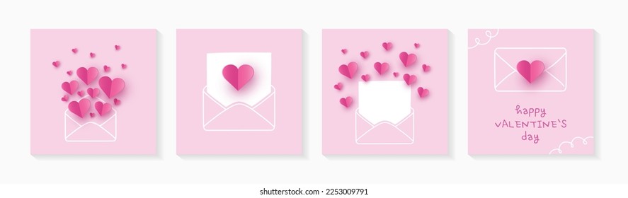 Valentine’s hearts with envelope. Collection of cards with paper cut decorations. Vector illustration