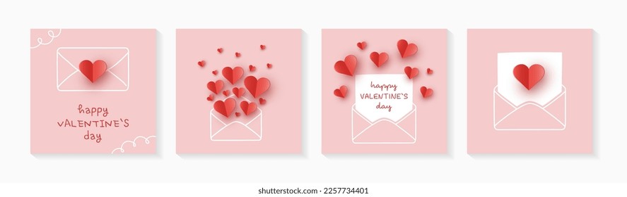 Corazón de San Valentín con sobre. Colección de tarjetas con decoraciones de corte de papel. Ilustración del vector