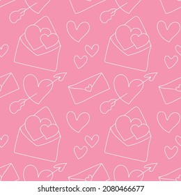 Corazones y sobres. Patrón vectorial de Seamless rosa en estilo de doodle simple. Ilustración para el diseño de tela, papel para el Día de San Valentín, boda