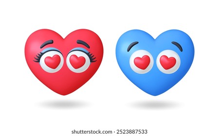 Hearts face 3d icons. Blue red face with big cartoon eyes with heart inside. Male female in love, romantic relationships. Lovely symbols, vector set