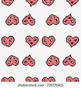 Hearts with faces. Happy kissing and smiling heart. Hand drawn vector illustration. Seamless background pattern