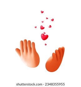 Hearts falling into the palms of hands. Love emoji. Hands receiving or giving out likes. Icon for social media. Valentine's Day design element with flying love hearts. Cartoon vector illustration.
