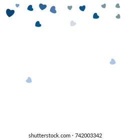 Hearts Falling Print. Blue colored Hearts on white Background. Vector Confetti Hearts Background Pattern. Romantic Design. Greeting Card, Invitation. Confetti Fall. Chaotic Decor. Creative Pattern.