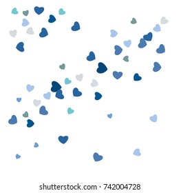 Hearts Falling Print. Blue colored Hearts on white Background. Vector Confetti Hearts Background Pattern. Romantic Design. Greeting Card, Invitation. Confetti Fall. Chaotic Decor. Creative Pattern.