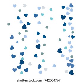 Hearts Falling Print. Blue colored Hearts on white Background. Vector Confetti Hearts Background Pattern. Romantic Design. Greeting Card, Invitation. Confetti Fall. Chaotic Decor. Creative Pattern.