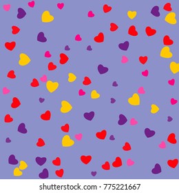 Hearts Falling Print. colored Hearts on gentle colorful Background. Vector Confetti Hearts Background Pattern. Romantic Design. Rainbow colored confetti top gradient. Colorful hand painted illustration