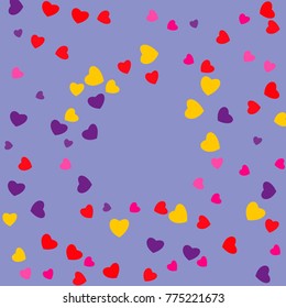Hearts Falling Print. colored Hearts on gentle colorful Background. Vector Confetti Hearts Background Pattern. Romantic Design. Rainbow colored confetti top gradient. Colorful hand painted illustration