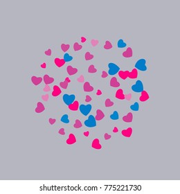 Hearts Falling Print. colored Hearts on gentle colorful Background. Vector Confetti Hearts Background Pattern. Romantic Design. Rainbow colored confetti top gradient. Colorful hand painted illustratio