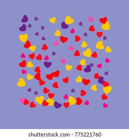 Hearts Falling Print. colored Hearts on gentle colorful Background. Vector Confetti Hearts Background Pattern. Romantic Design. Rainbow colored confetti top gradient. Colorful hand painted illustration