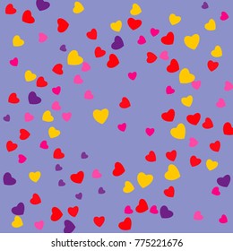 Hearts Falling Print. ?olored Hearts on gentle colorful Background. Vector Confetti Hearts Background Pattern. Romantic Design. Rainbow colored confetti top gradient. Colorful hand painted illustratio