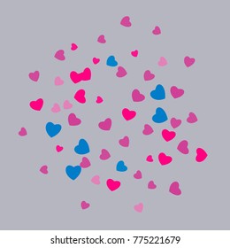 Hearts Falling Print. ?olored Hearts on gentle colorful Background. Vector Confetti Hearts Background Pattern. Romantic Design. Rainbow colored confetti top gradient. Colorful hand painted illustratio