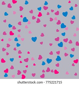 Hearts Falling Print. ?olored Hearts on gentle colorful Background. Vector Confetti Hearts Background Pattern. Romantic Design. Rainbow colored confetti top gradient. Colorful hand painted illustratio
