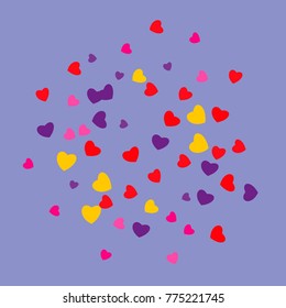 Hearts Falling Print. ?olored Hearts on gentle colorful Background. Vector Confetti Hearts Background Pattern. Romantic Design. Rainbow colored confetti top gradient. Colorful hand painted illustratio